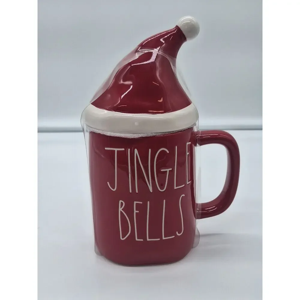 Brand New Rae Dunn Red Jingle Bells Christmas Mug with Santa Topper.